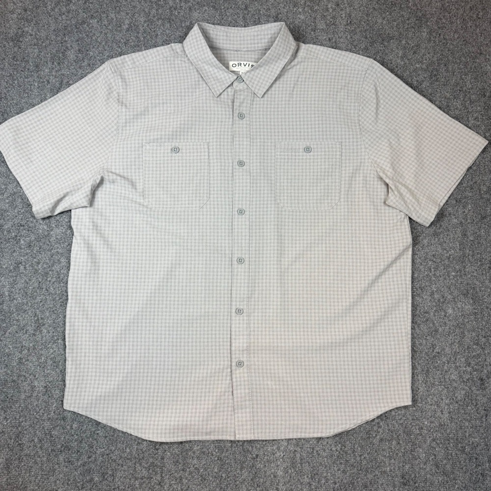 Orvis Classic Collection Grey Micro Plaid Short Sleeve Button Down Shirt Mens XL